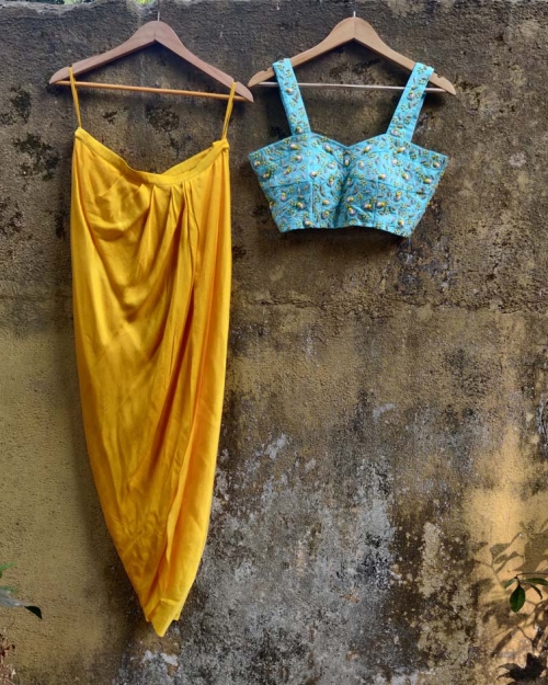 Yellow Cowl Skirt with Blue Potli Top Indo-Western
