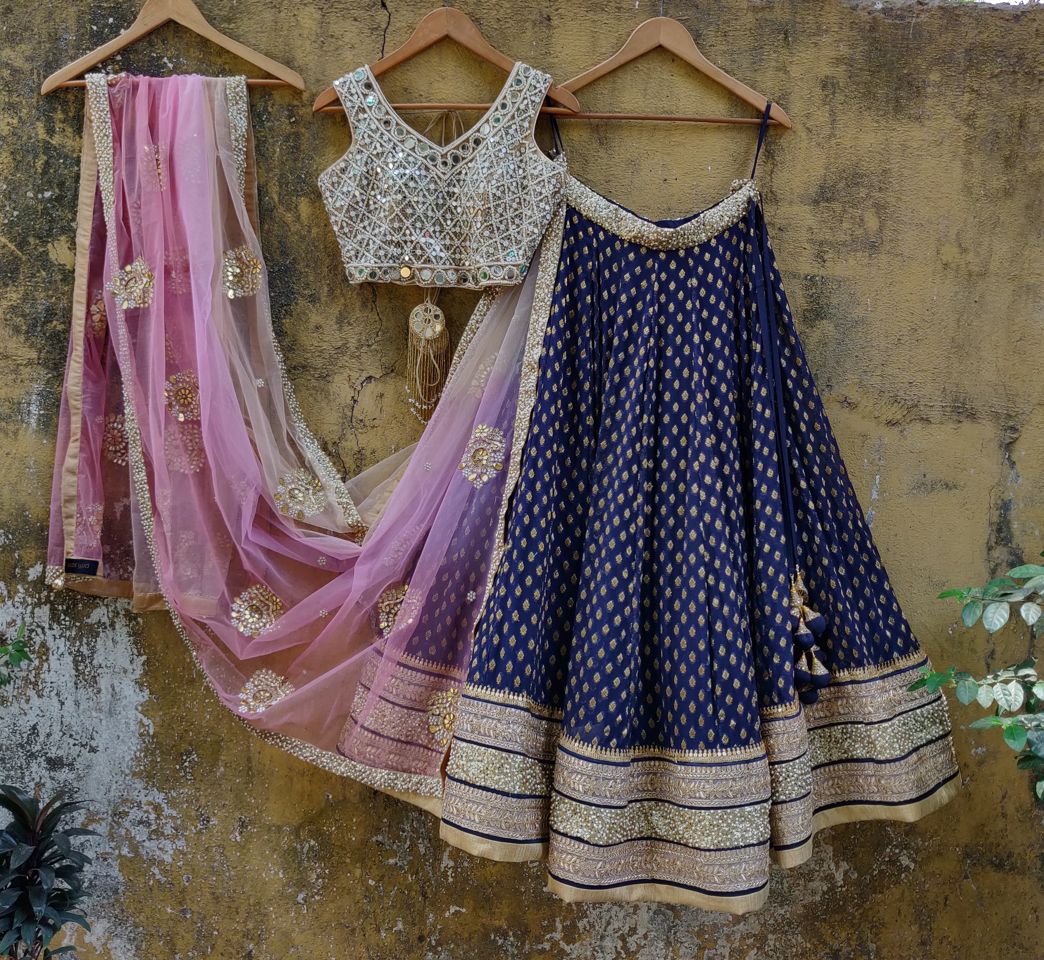 Stitched Party Wear Designer Blue Crop Top Lehenga at best price in Delhi
