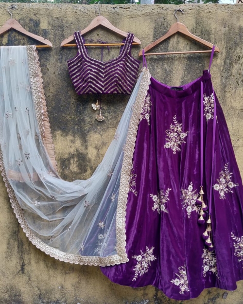 Purple Velvet Lehenga Set with Ivory Dupatta Bridal Couture