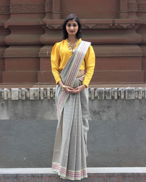 Grey Mulberry Silk Saree Amota : Handwoven Clothing