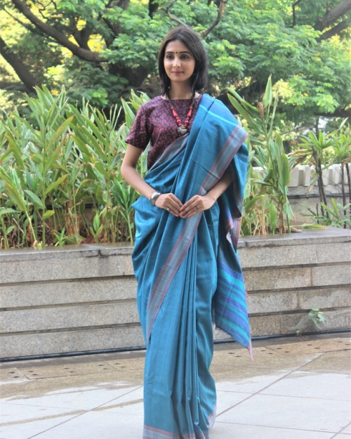 Blue Tusser Silk Saree Amota : Handwoven Clothing