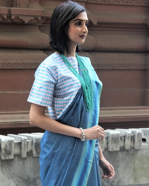 Sky Blue Tusser Silk Saree Amota : Handwoven Clothing