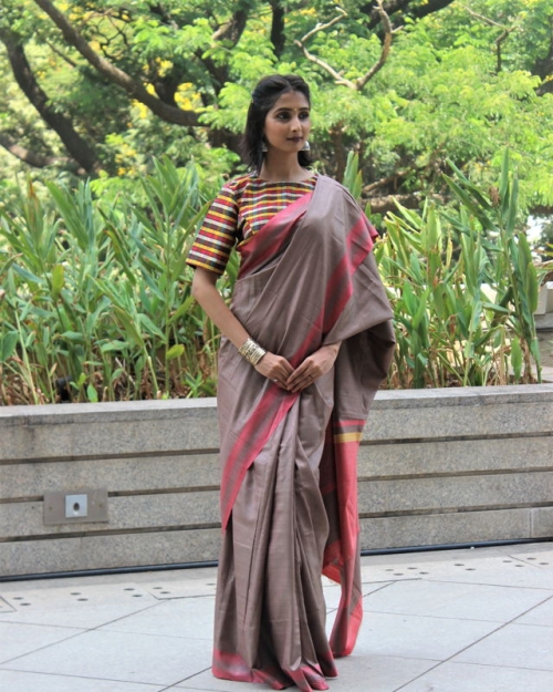 Beige Tusser Silk Saree Amota : Handwoven Clothing