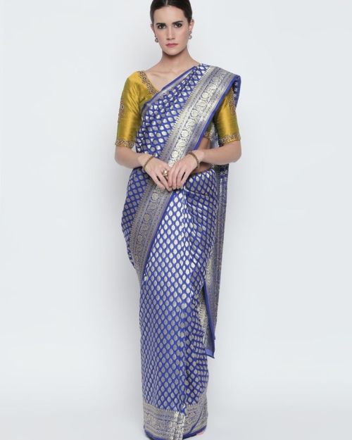 Blue Benarasi Silk Saree Amota : Handwoven Clothing