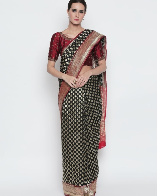 Black Benarasi Silk Saree Amota : Handwoven Clothing