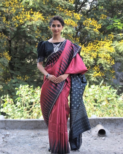 Crimson Tusser Silk Saree Amota : Handwoven Clothing