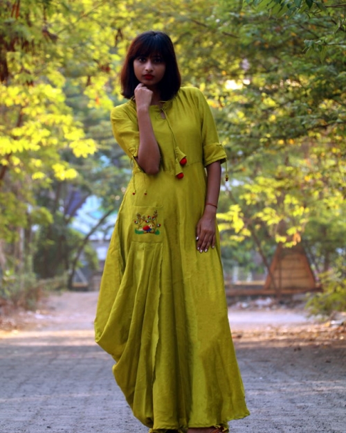 Olive Green Chanderi Dress Amota : Handwoven Clothing