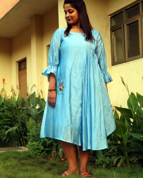 Sky Blue Chanderi Dress Amota : Handwoven Clothing