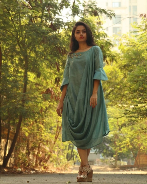 Teal Chanderi Dress Amota : Handwoven Clothing