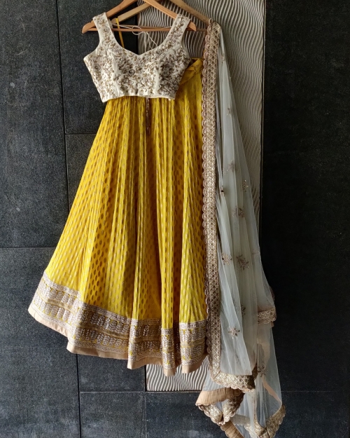 Yellow Lehenga with Ivory Raw Silk Embroidered Blouse Bridesmaids