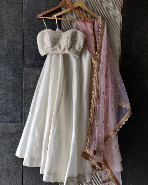 Ivory and Pink Thread Work Bustier and Lehenga Set Bridesmaids