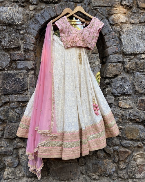Ivory and Pink Lucknowi Lehenga Set Bridal Couture