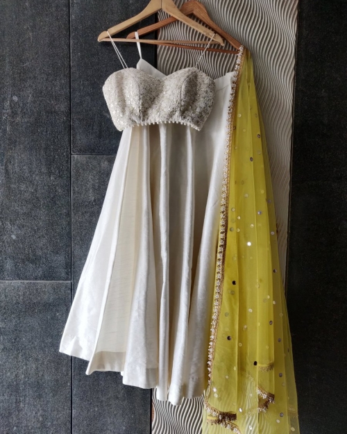 Ivory and Yellow Thread Work Bustier and Lehenga Set Bridesmaids
