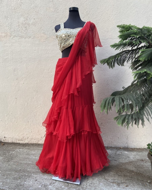 Red Ruffle Saree Indo-Western