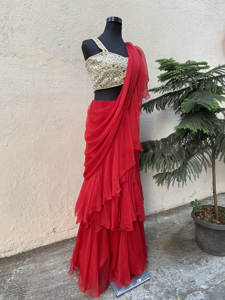 Buy Green And Red Sleeveless Predrape Saree Dress With Belt And Tailored  Jacket Online - W for Woman
