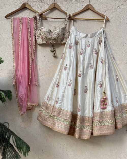Ivory Raw Silk Lehenga with Mirror Work and Bustier Set Bridal Couture