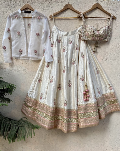 Ivory Raw Silk Lehenga with Mirror Work and Bustier and Jacket Bridal Couture