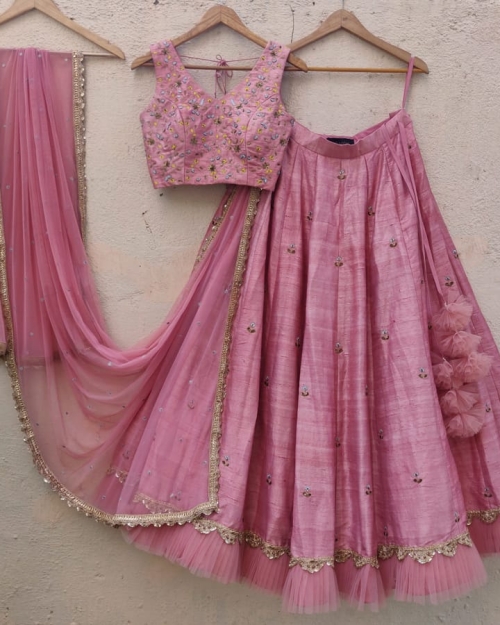 Nude Pink Resham and Sequin Embroidered Lehenga Set Bridesmaids
