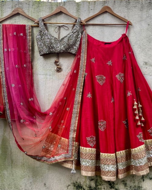 Red And Gold Raw Silk Lehenga Set With Ombre Dupatta Bridal Couture