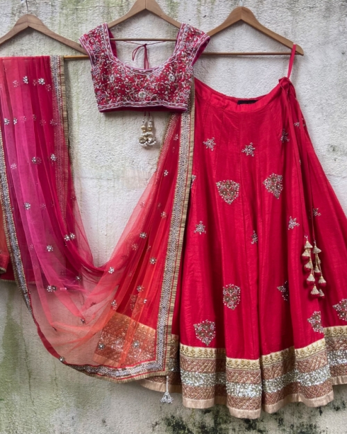 Red Raw Silk Lehenga Set With Ombre Dupatta Bridal Couture