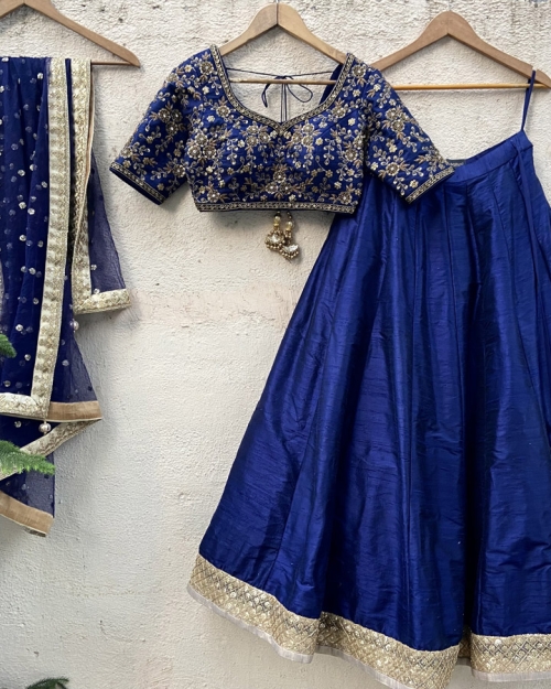 Navy Blue Raw Silk Lehenga Set with Embroidered Blouse Lehengas