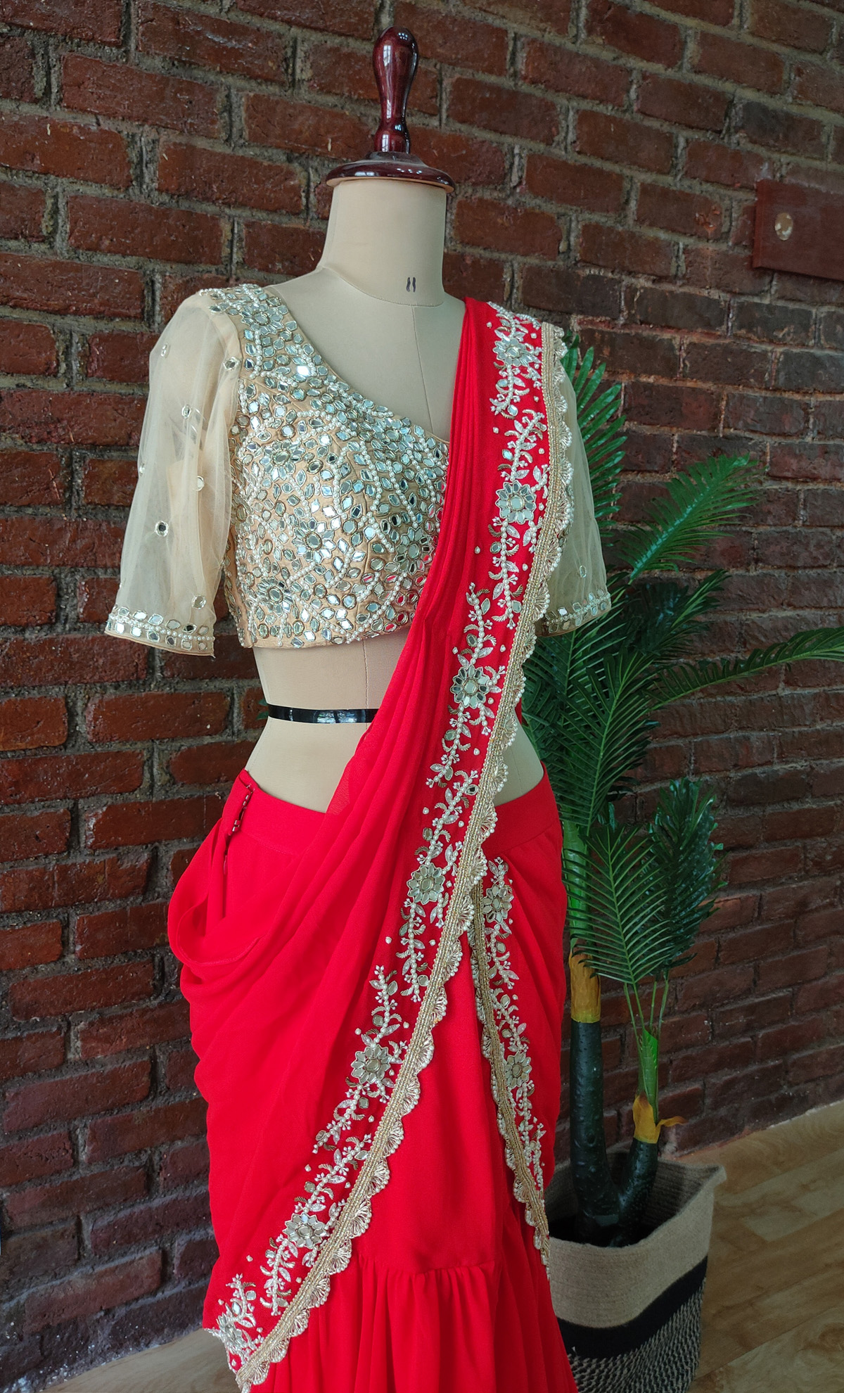 Red and Nude Mirror Work Pre-Stitched Saree Draped Saree