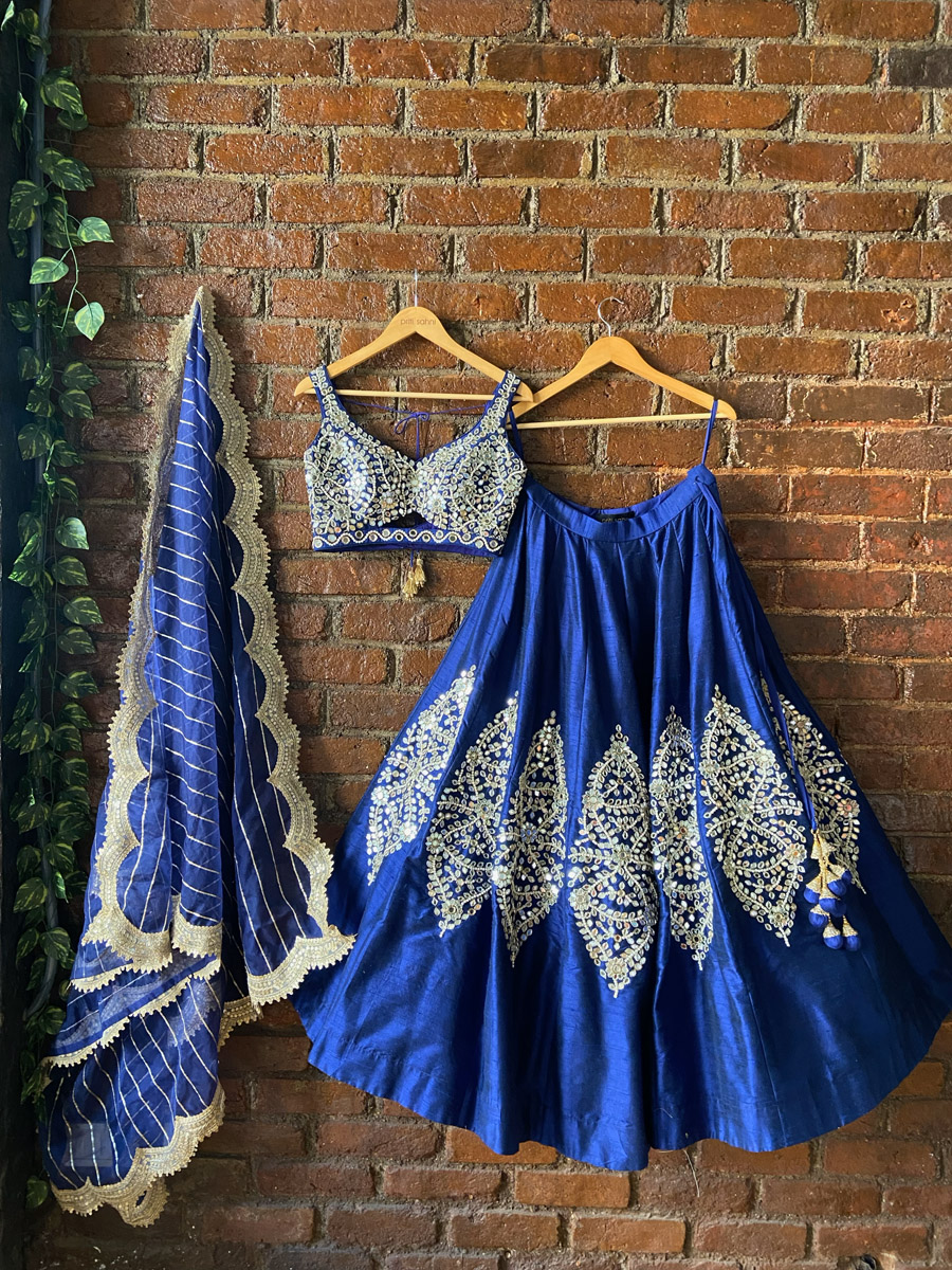 Royal Blue Raw Silk Mirror Work Lehenga Set Bridal Couture