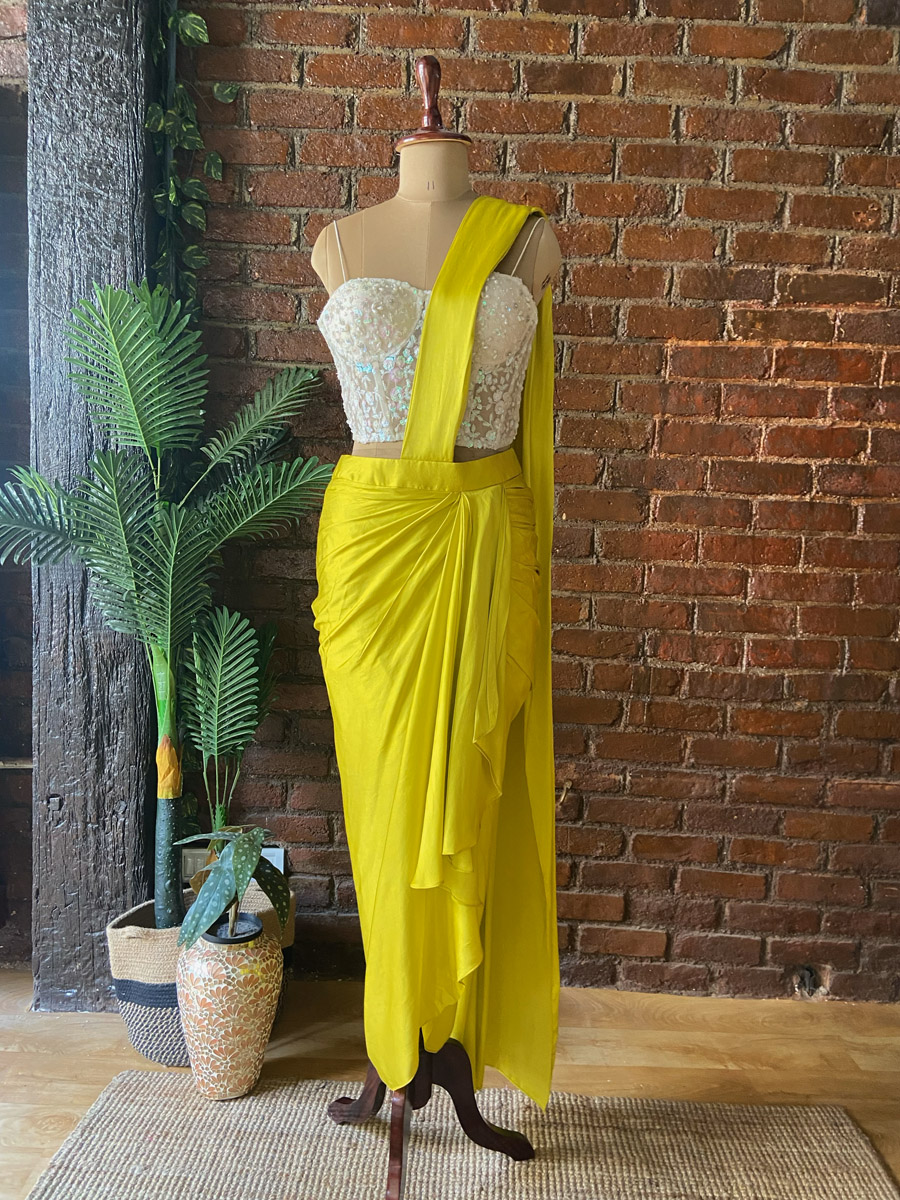 Yellow Satin Silk Draped Saree with Corset btco13jun24