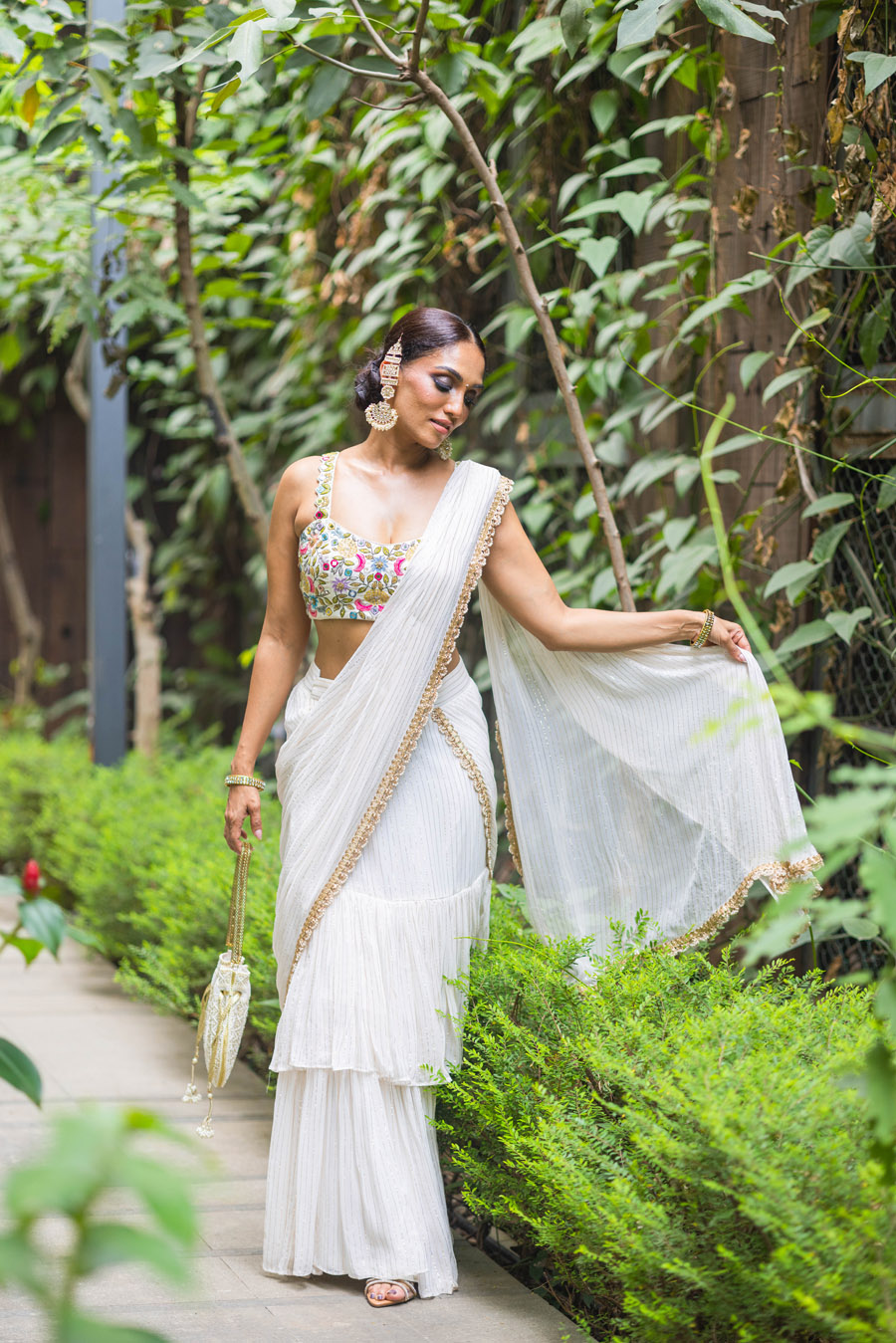 Ivory Pre-Stitched Ruffle Saree with Multi-Hued Embroidered Blouse btco13jun24