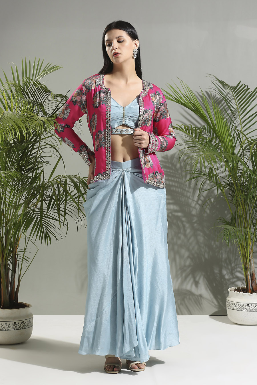 Grey Top And Skirt Set With Fuchsia Jacket Indo-Western