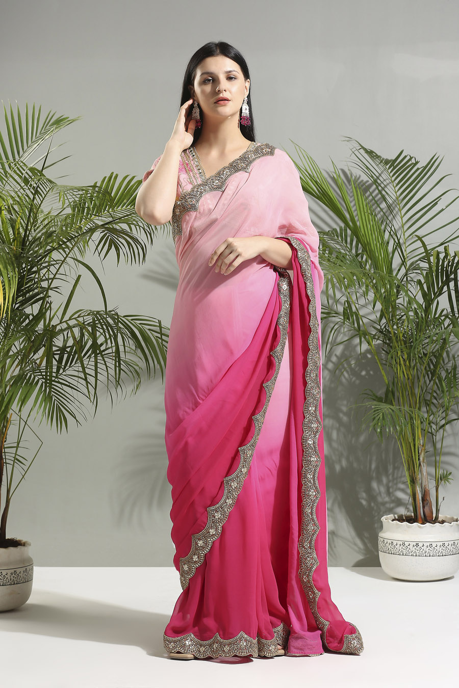 Pink Shaded Saree With Floral Blouse Sarees