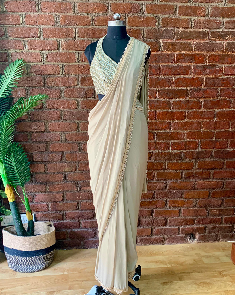 Beige Pre-stitched Saree with Mirror Blouse Sarees