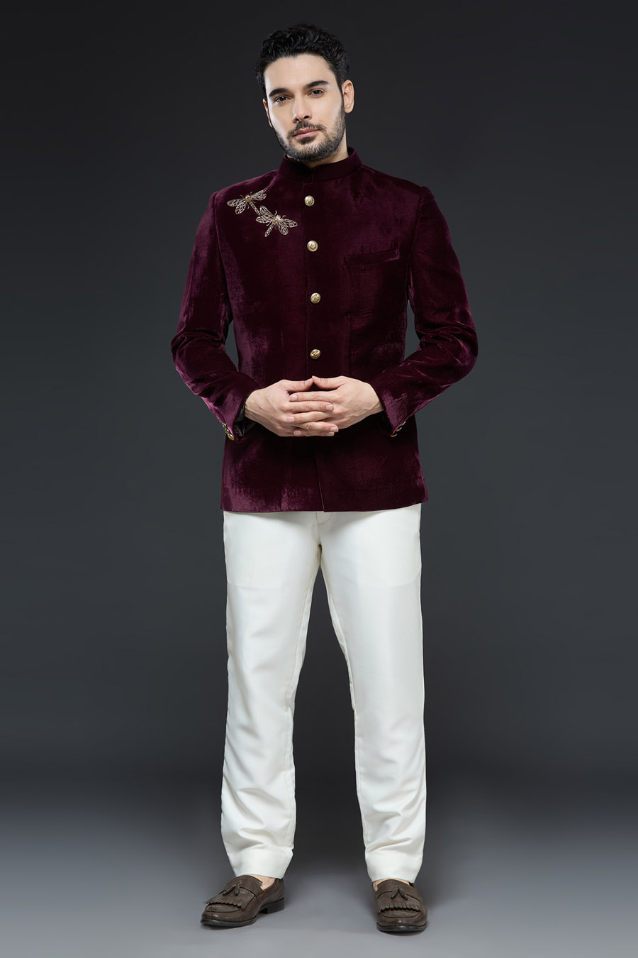 Wine Velvet Dragonfly Bandhgala Set Mens