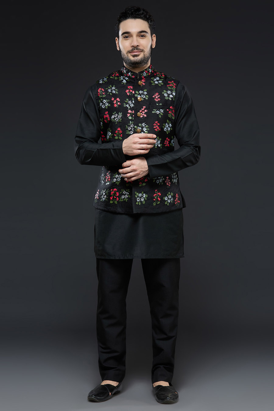 Black Handpainted Vest Set Kurta Set