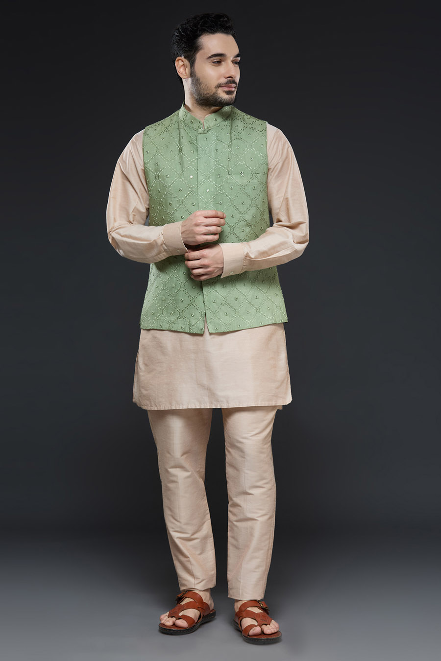 Beige and Sage Green Vest  Set Kurta Set