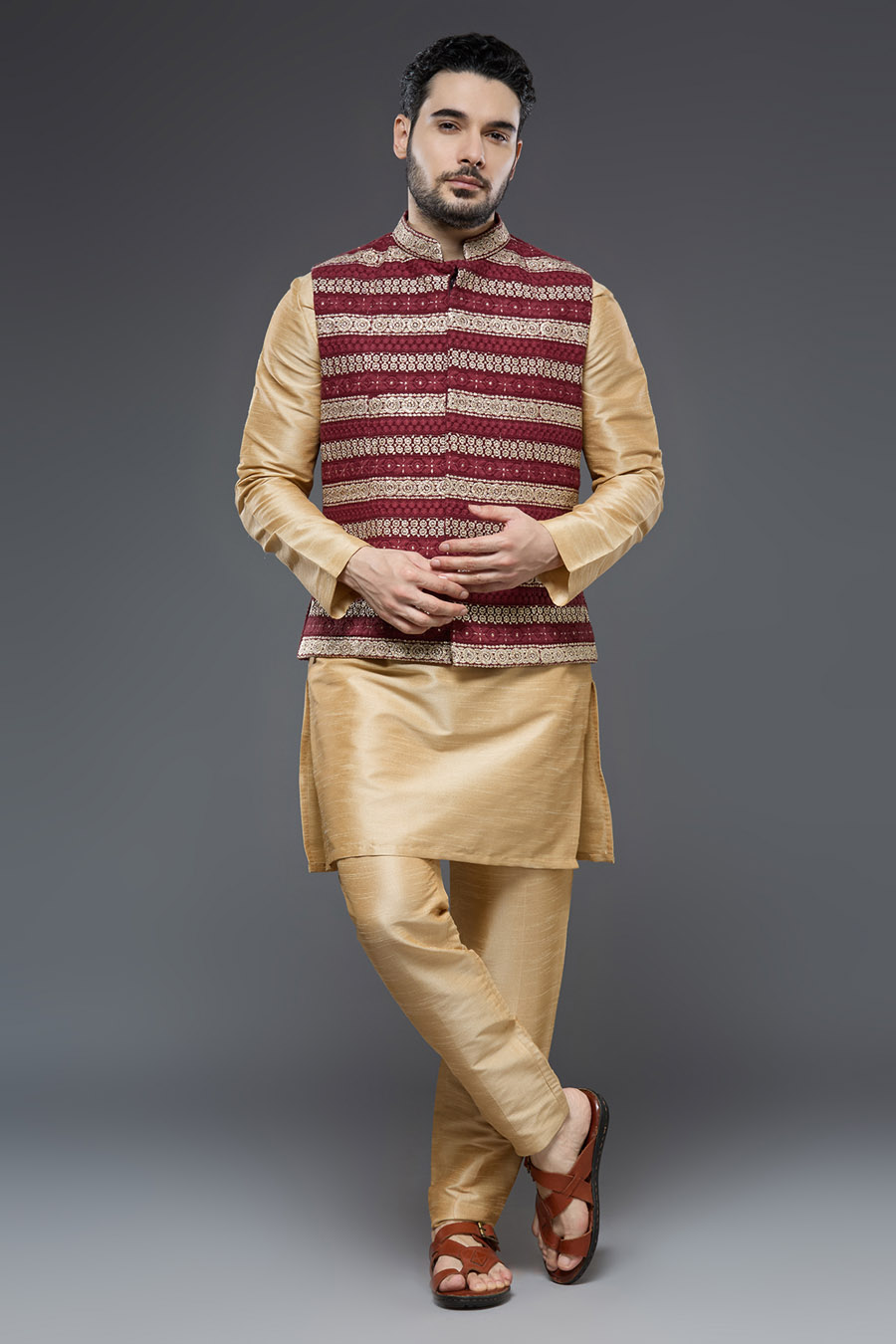 Wine and Beige Vest Set Kurta Set