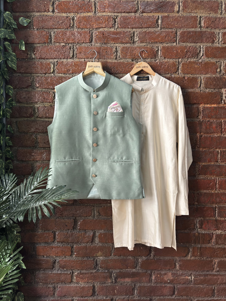 Creme and Sage Green Vest Set Kurta Set