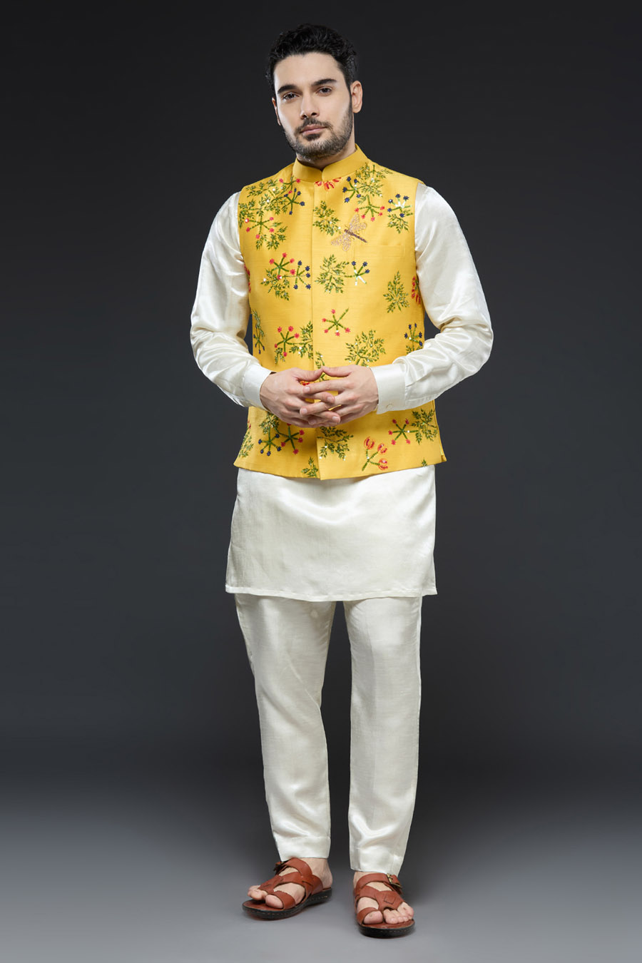 Ivory and Yellow Hand Painted and Hand Embroidered Vest Set Kurta Set