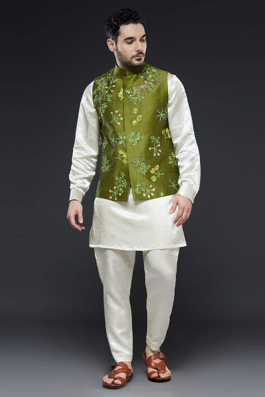 Ivory and Green Hand Painted and Hand Embroidered Vest Set Kurta Set