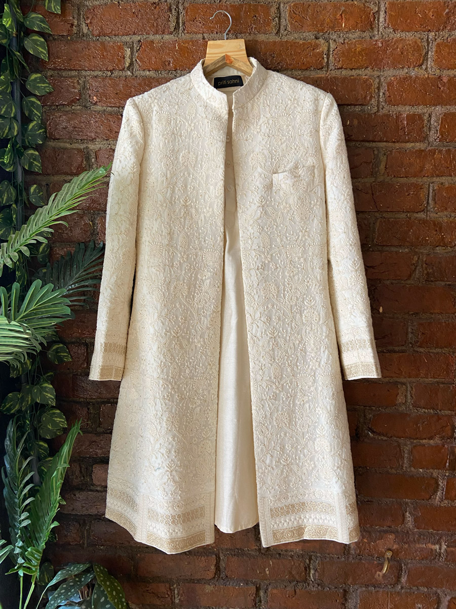 Ivory Threadwork Sherwani Jacket Set Mens