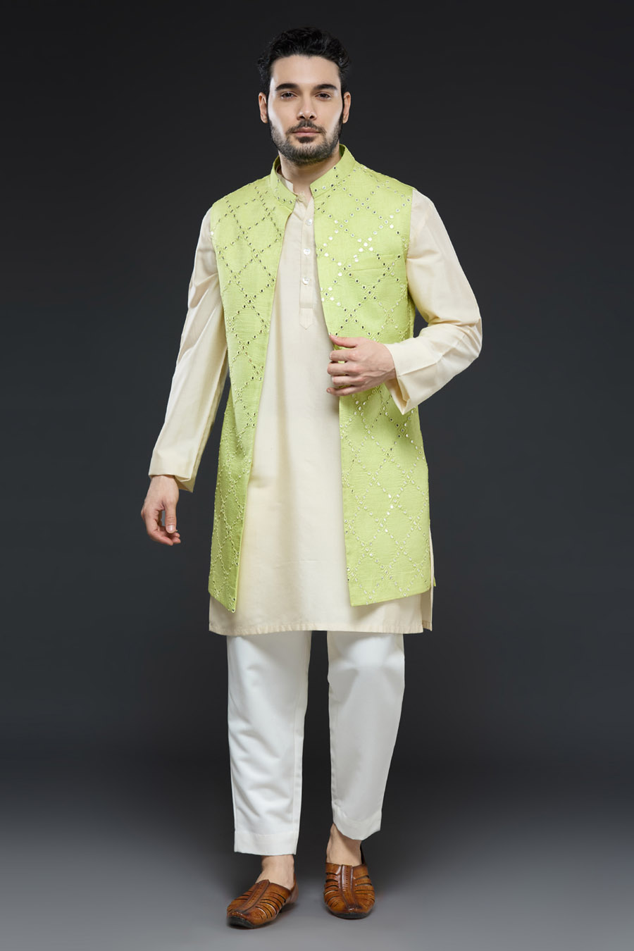 Ivory and Green Jacket Set Mens