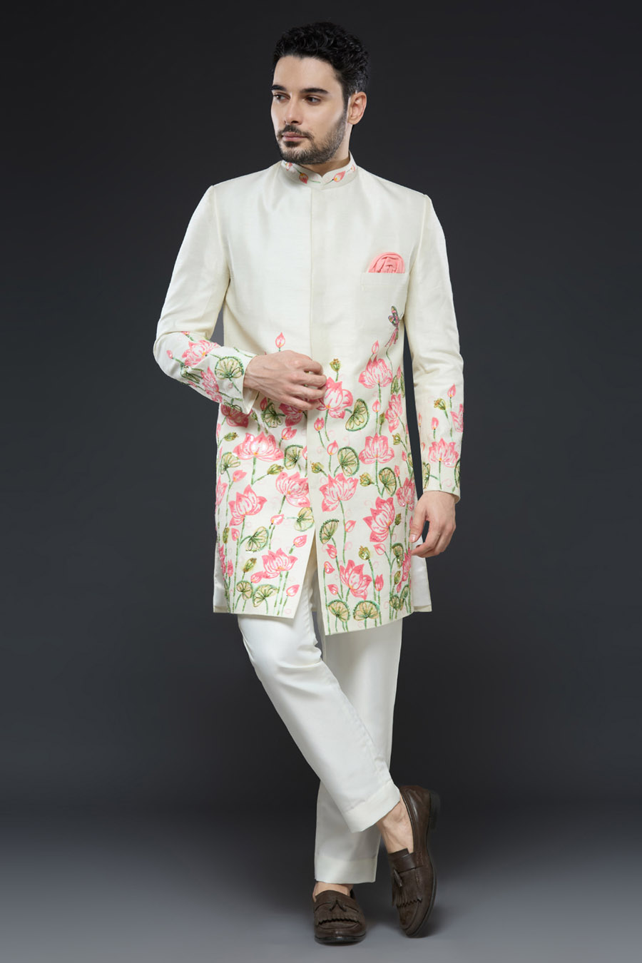 Ivory Hand Painted Sherwani Set Mens